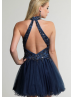 Navy Blue Tulle Beaded High Neck Backless Knee Length Prom Dress